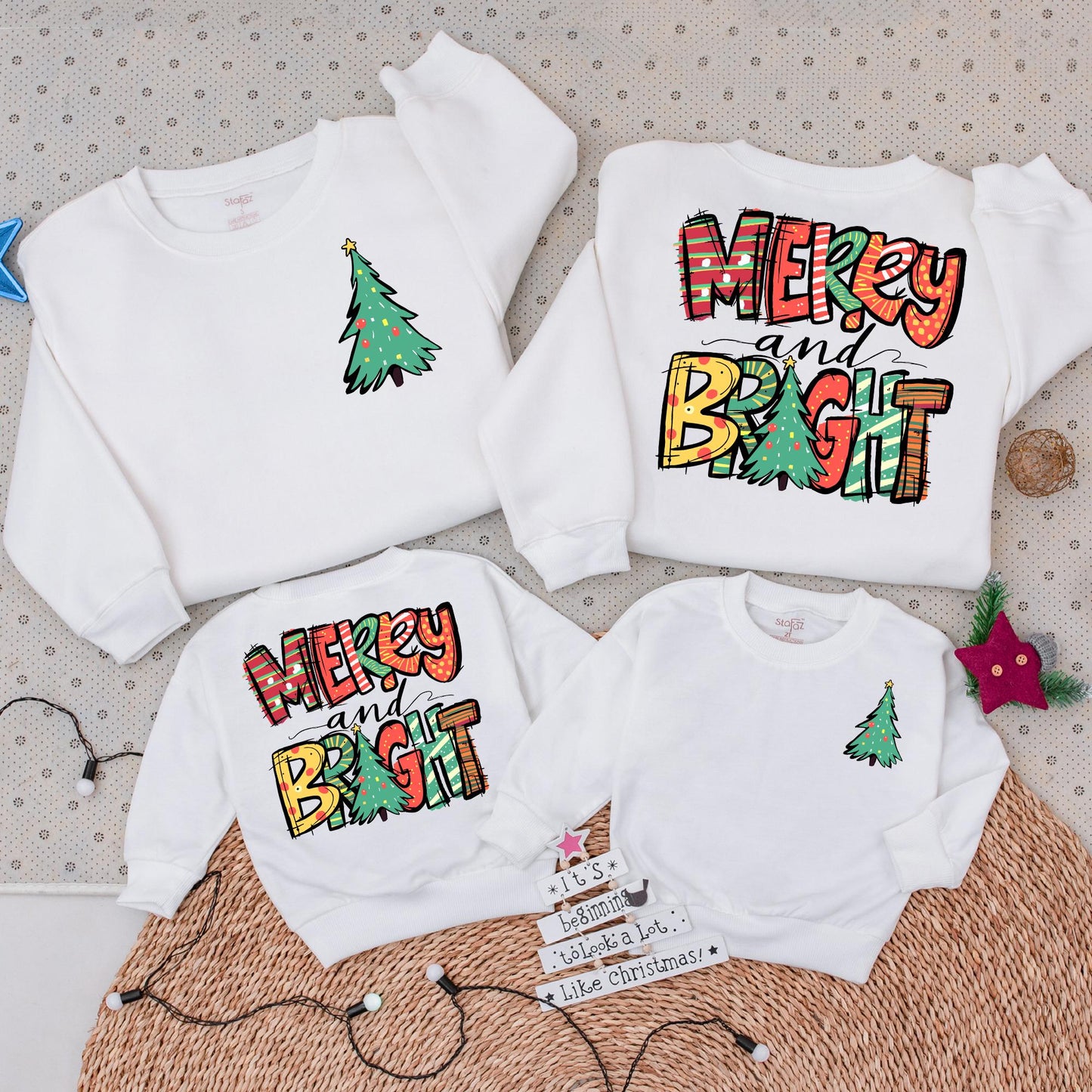 2-Sided Merry and Bright Christmas Sweatshirt for Family Holidays, Cozy Womens Tree & Hand-Drawn Pattern Outfit