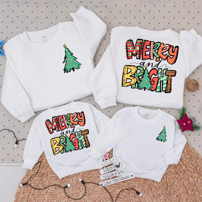 2-Sided Merry and Bright Christmas Sweatshirt for Family Holidays, Cozy Womens Tree & Hand-Drawn Pattern Outfit