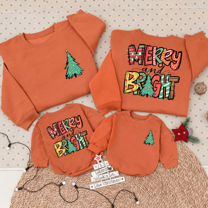 2-Sided Merry and Bright Christmas Sweatshirt for Family Holidays, Cozy Womens Tree & Hand-Drawn Pattern Outfit