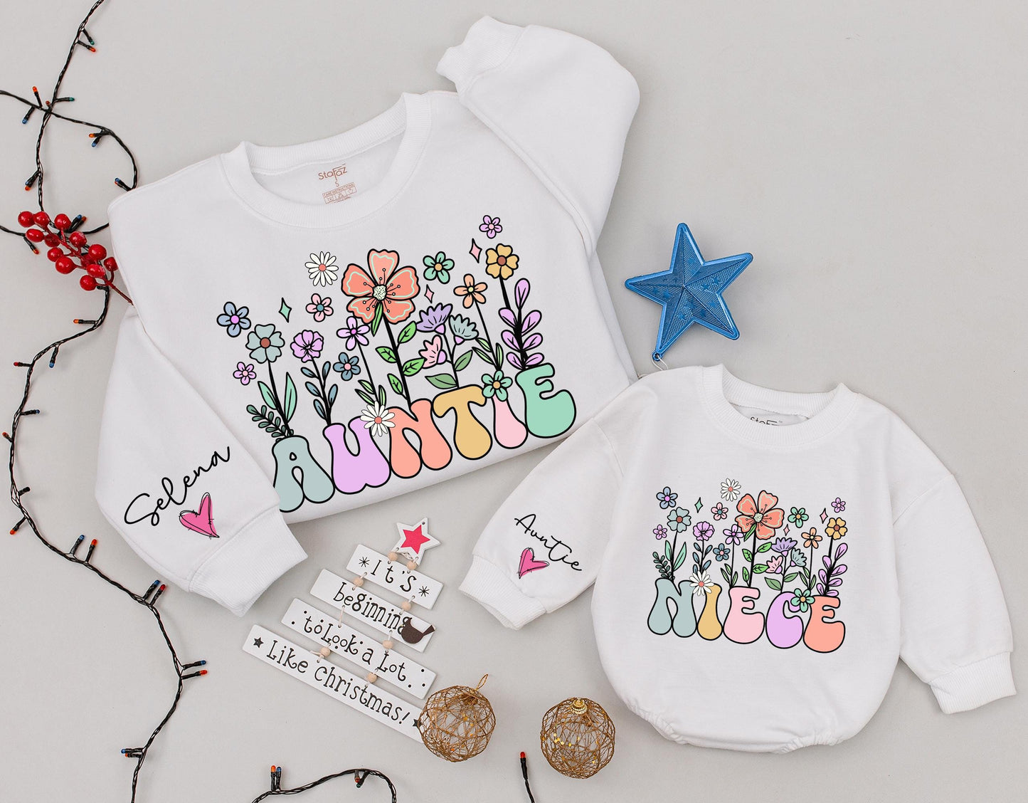 Auntie and Niece Retro Floral Sweatshirt Set - Custom Christmas Gift