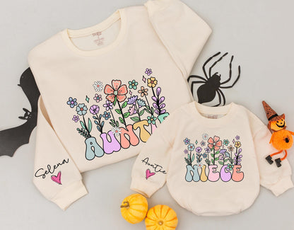 Auntie and Niece Retro Floral Sweatshirt Set - Custom Christmas Gift