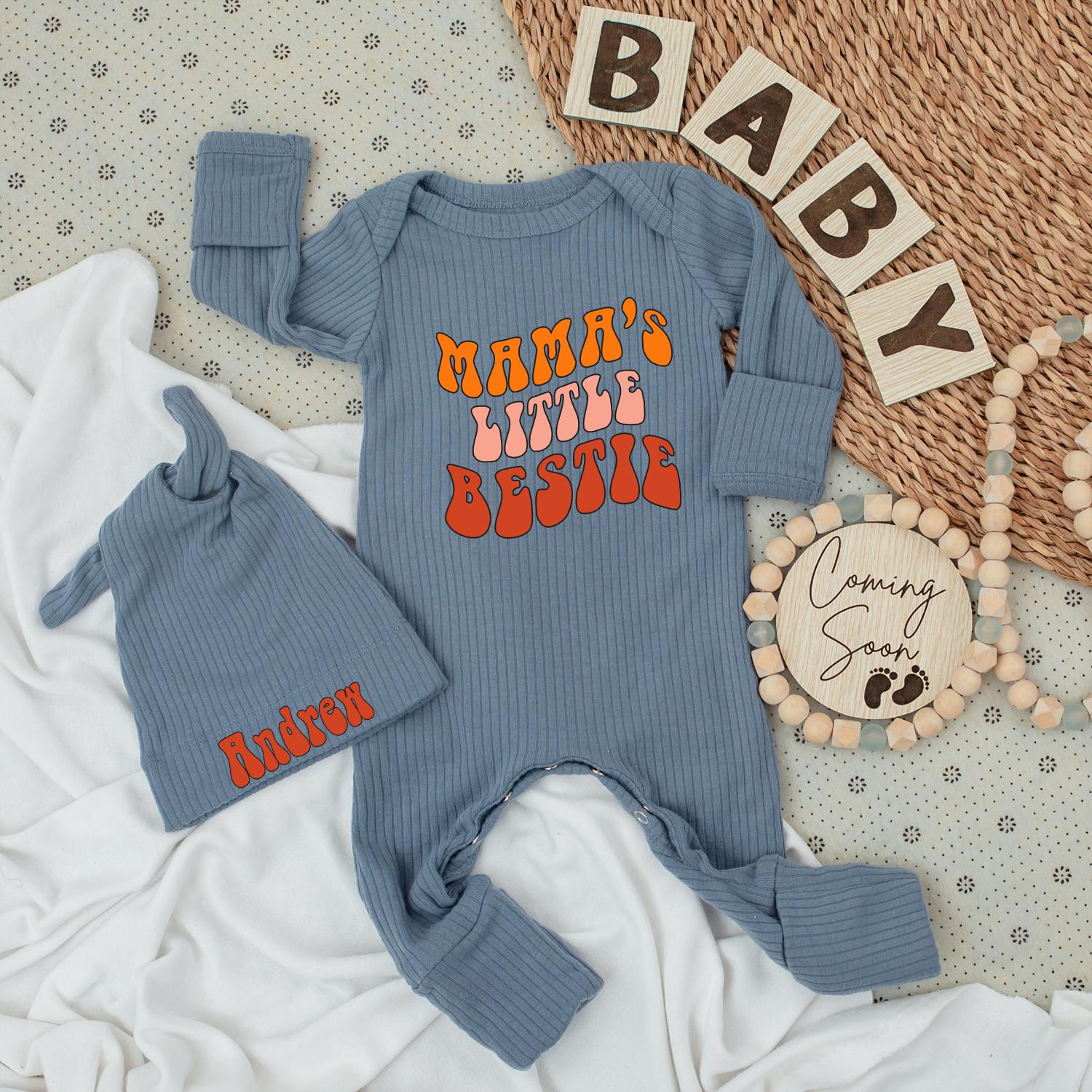 Mama's Little Bestie Retro Baby Bodysuit & Hat Set Orange Pink Red Vintage Vibes Newborn Outfit Baby Shower Gift