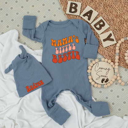 Mama's Little Bestie Retro Baby Bodysuit & Hat Set Orange Pink Red Vintage Vibes Newborn Outfit Baby Shower Gift