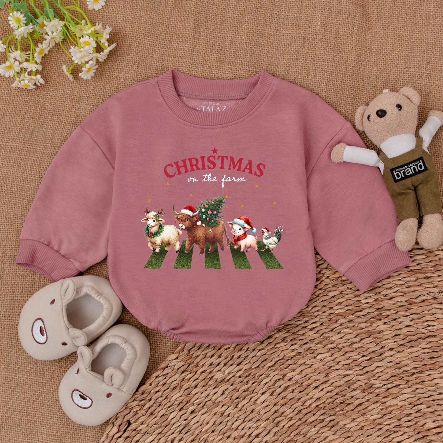 Farm Animals Christmas Romper, Baby's 1st Christmas Bodysuit Gift