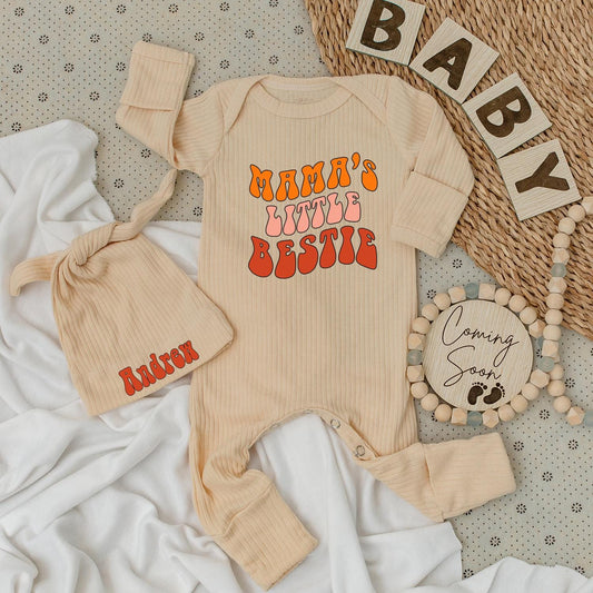 Mama's Little Bestie Retro Baby Bodysuit & Hat Set Orange Pink Red Vintage Vibes Newborn Outfit Baby Shower Gift