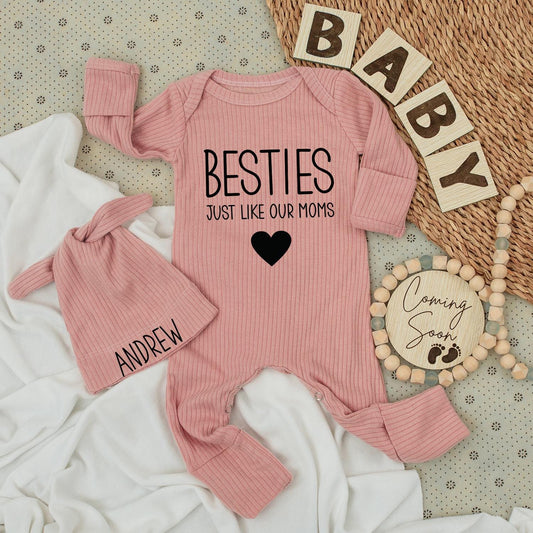 Personalized Besties Just Like Our Moms Baby Bodysuit Andrew Hat Set Cute Infant Going Home Outfit Soft Cotton Newborn Shower Gift Modern Black Heart