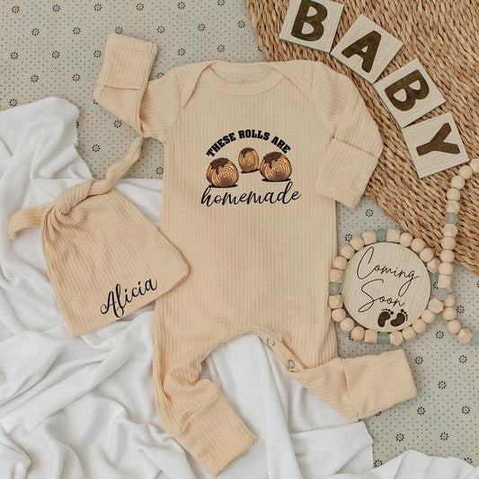 These Rolls Are Homemade Baby Bodysuit and Hat Set Cute Minimalist Graphic Chocolate Rolls Bakery Baby Gift Coming Home Outfit