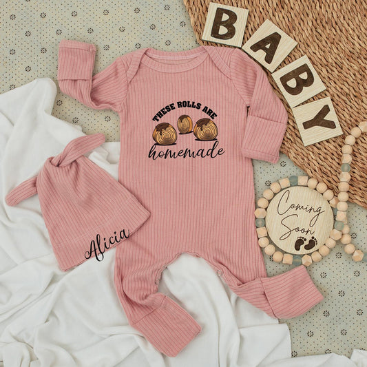These Rolls Are Homemade Baby Bodysuit and Hat Set Cute Minimalist Graphic Chocolate Rolls Bakery Baby Gift Coming Home Outfit