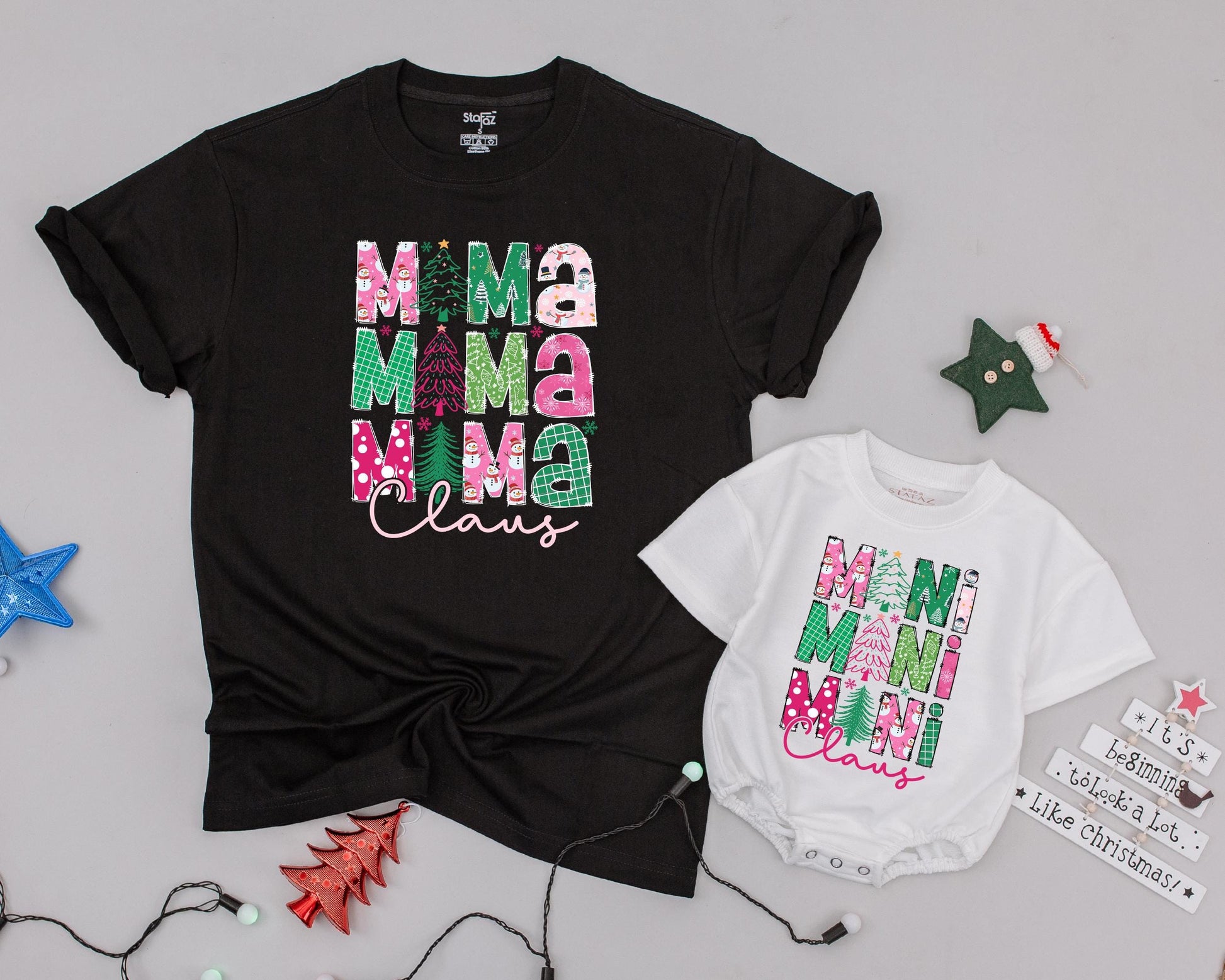 Matching Mama & Mini Claus Tees, Personalized Christmas Family Outfit