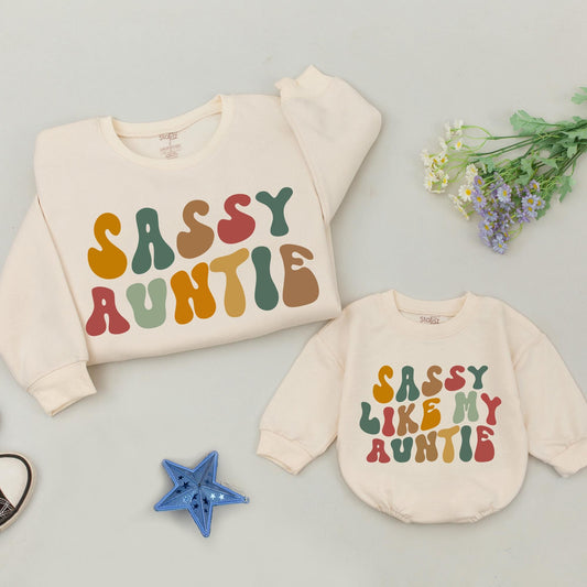 Retro Sassy Auntie Sweatshirt Earth Tones Vintage Wavy Letters Gift For Aunt Niece Nephew Matching Family Casual Outfit Comfort Soft Cotton
