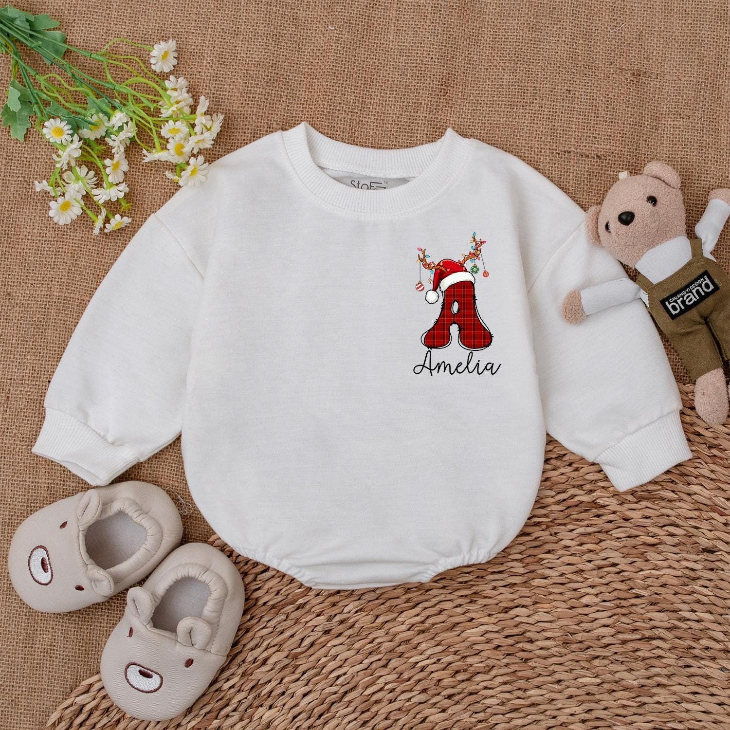 Custom Name Christmas Romper, 1st Xmas Outfit, Baby Shower Gift