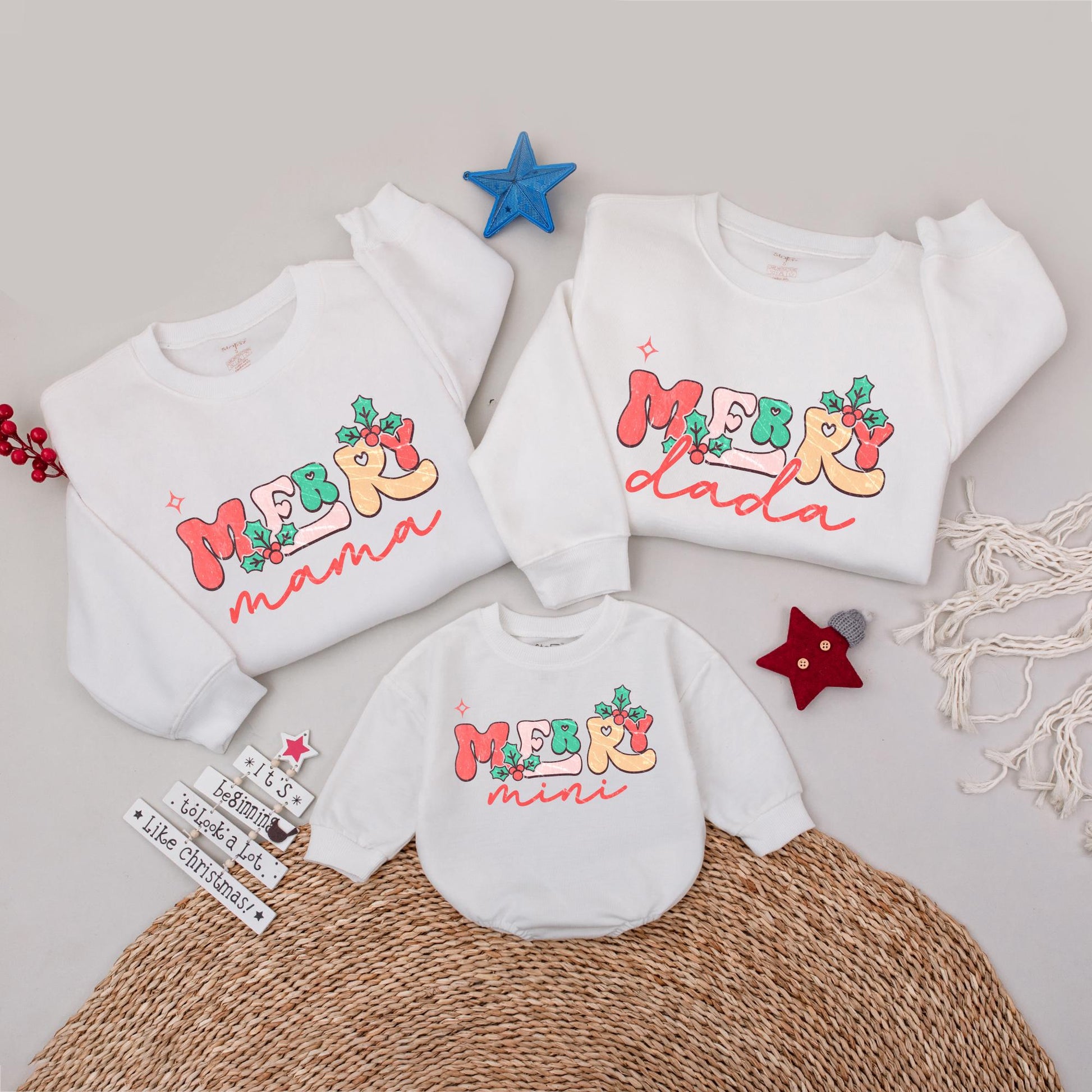 Merry Mama & Mini Matching Christmas Family Outfits Festive Holly Berry Star Design Cheerful Holiday Mom Baby Daughter Sweatshirts