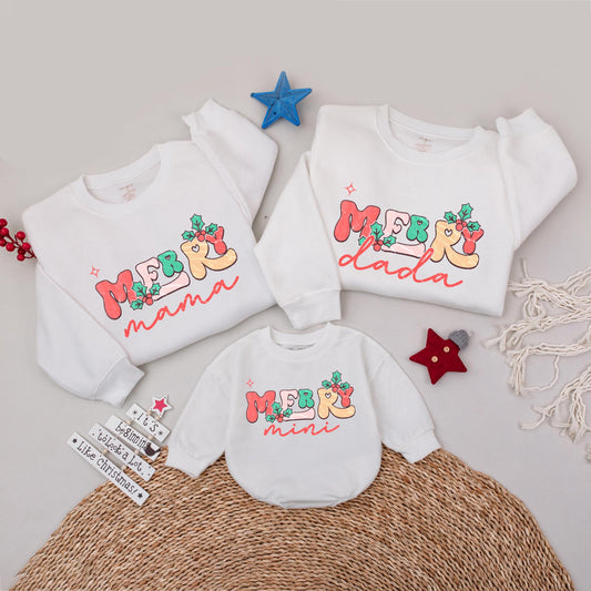 Merry Mama & Mini Matching Christmas Family Outfits Festive Holly Berry Star Design Cheerful Holiday Mom Baby Daughter Sweatshirts