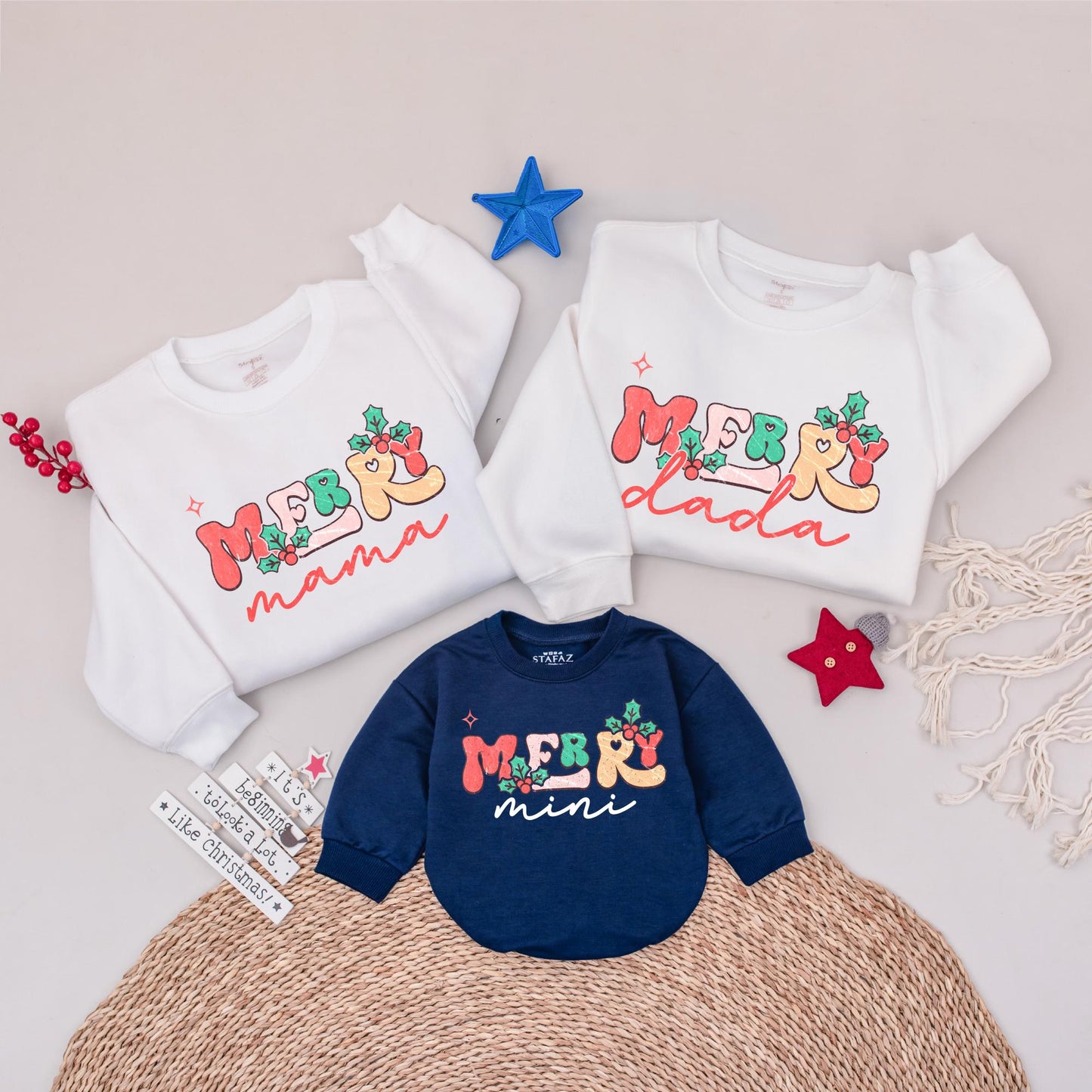 Merry Mama & Mini Matching Christmas Family Outfits Festive Holly Berry Star Design Cheerful Holiday Mom Baby Daughter Sweatshirts