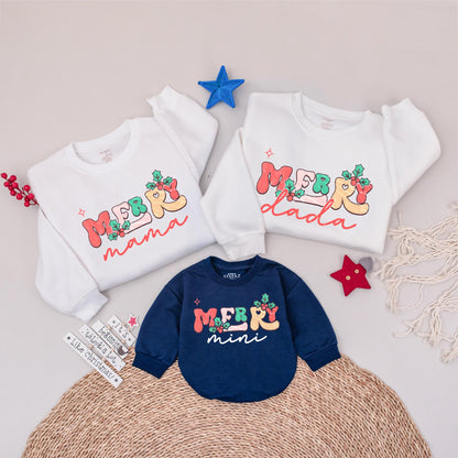 Merry Mama & Mini Matching Christmas Family Outfits Festive Holly Berry Star Design Cheerful Holiday Mom Baby Daughter Sweatshirts