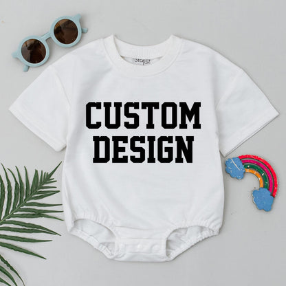 Custom Baby Bubble Romper with Blocky Black 'CUSTOM DESIGN' Print for Girl Boy Birthday Spring Outfit Short Sleeve Natural Cotton
