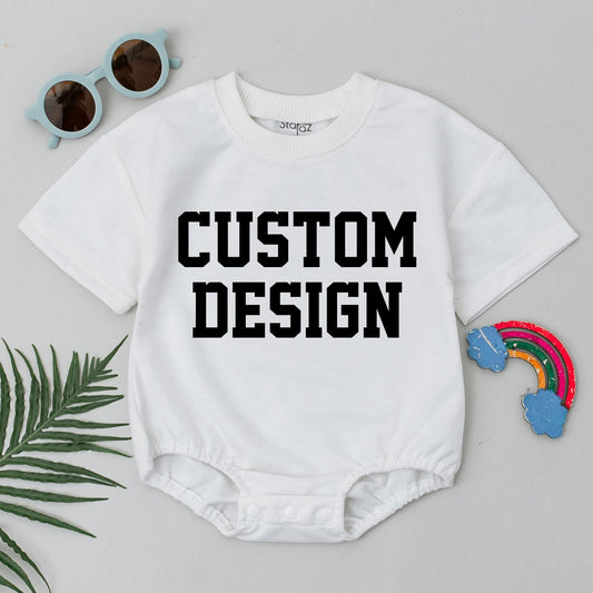 Custom Baby Bubble Romper with Blocky Black 'CUSTOM DESIGN' Print for Girl Boy Birthday Spring Outfit Short Sleeve Natural Cotton