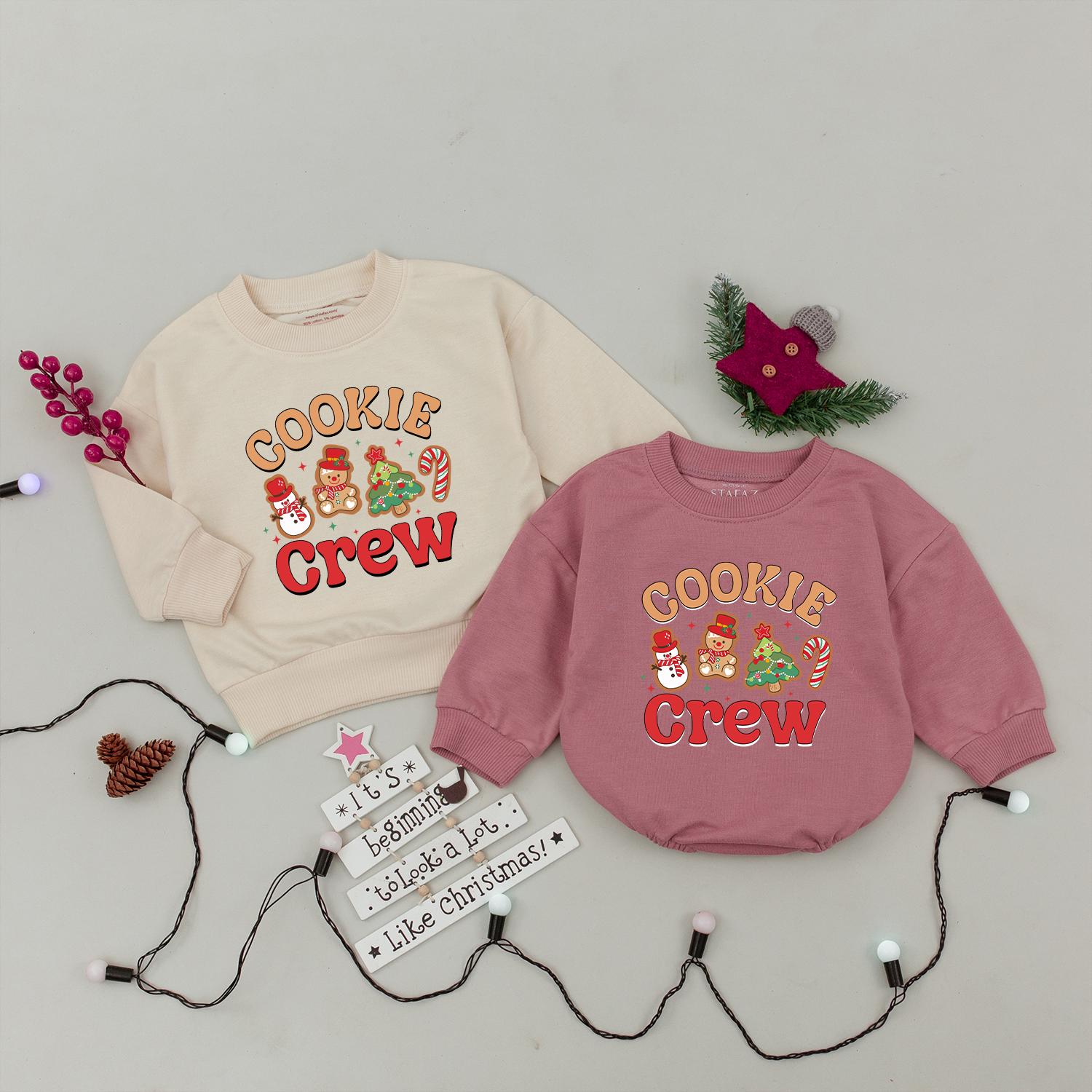 Cheerful Cookie Crew Christmas Sweatshirt perfect for Family Baking Fun featuring Snowman Gingerbread Tree Candy Cane Graphics a cozy Holiday Gift for Baby & Kids