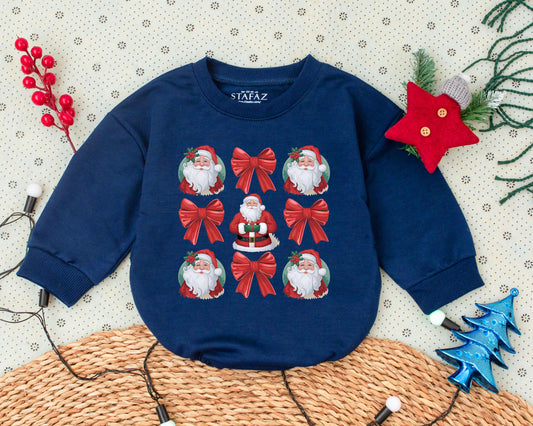 Charming Vintage Santa Christmas Bubble Romper for Baby Girl & Boy, First Holiday Outfit, Soft Infant Sweatshirt Style Shower Gift with Holly Bow