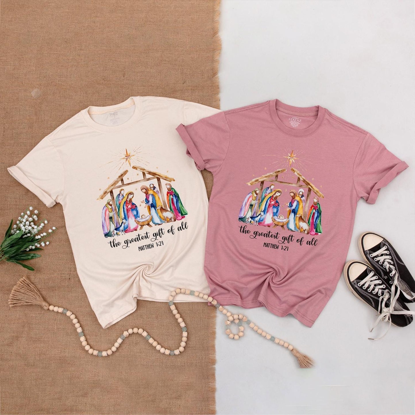 Watercolor Nativity Matching Family Christmas Shirts Greatest Gift Soft Tee  Religious Newborn Clothes Gentle Holiday Outfit Matthew 1:21 Christian Gift