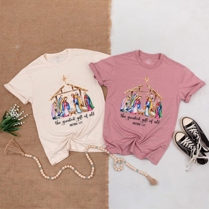Watercolor Nativity Matching Family Christmas Shirts Greatest Gift Soft Tee  Religious Newborn Clothes Gentle Holiday Outfit Matthew 1:21 Christian Gift