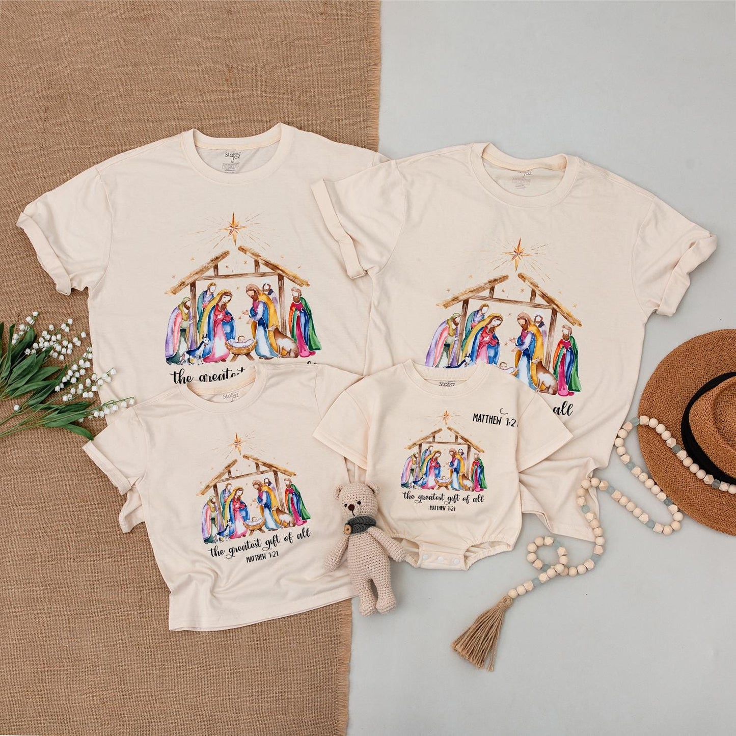 Watercolor Nativity Matching Family Christmas Shirts Greatest Gift Soft Tee  Religious Newborn Clothes Gentle Holiday Outfit Matthew 1:21 Christian Gift
