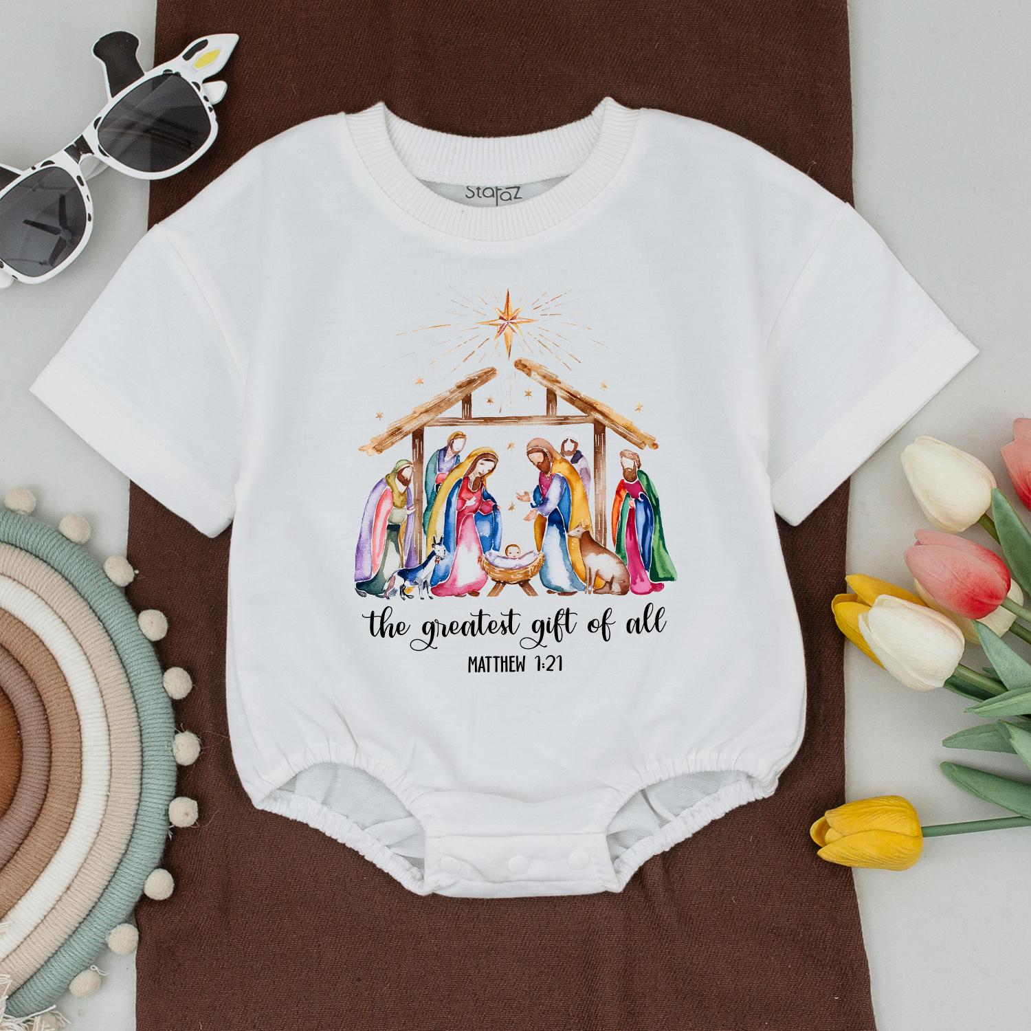 Watercolor Nativity Matching Family Christmas Shirts Greatest Gift Soft Tee  Religious Newborn Clothes Gentle Holiday Outfit Matthew 1:21 Christian Gift