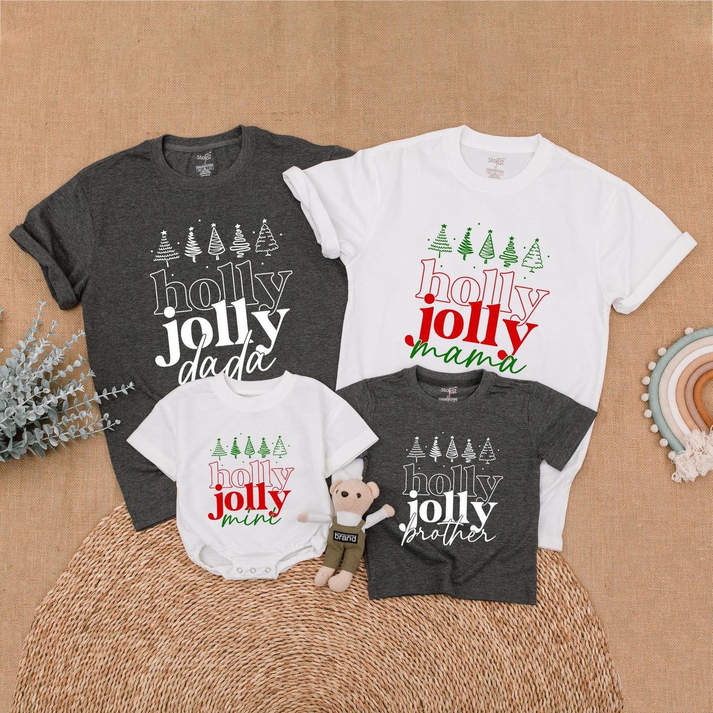 Holly Jolly Family Christmas Shirts with Retro Green Trees for Matching Mama Dada Sister Mini Outfits Holiday Fun First Christmas