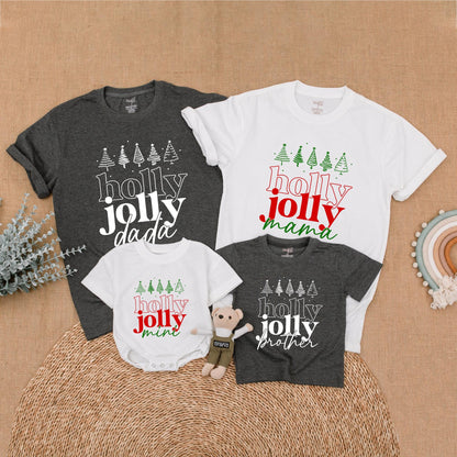 Holly Jolly Family Christmas Shirts with Retro Green Trees for Matching Mama Dada Sister Mini Outfits Holiday Fun First Christmas