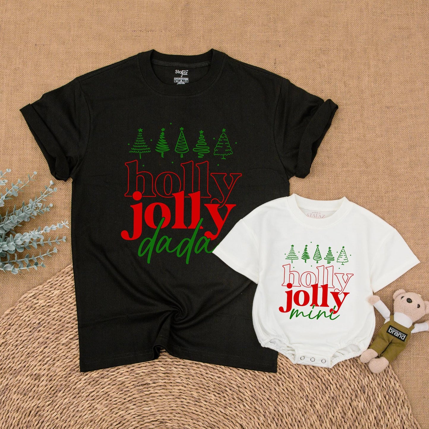 Holly Jolly Family Christmas Shirts with Retro Green Trees for Matching Mama Dada Sister Mini Outfits Holiday Fun First Christmas