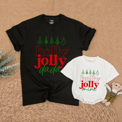 Holly Jolly Family Christmas Shirts with Retro Green Trees for Matching Mama Dada Sister Mini Outfits Holiday Fun First Christmas