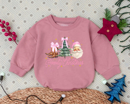 Howdy Christmas Baby Romper Western Pink Christmas Tree Design First Christmas Clothes Toddler Sweatshirt Baby Shower Gift Retro Whimsical Outfit