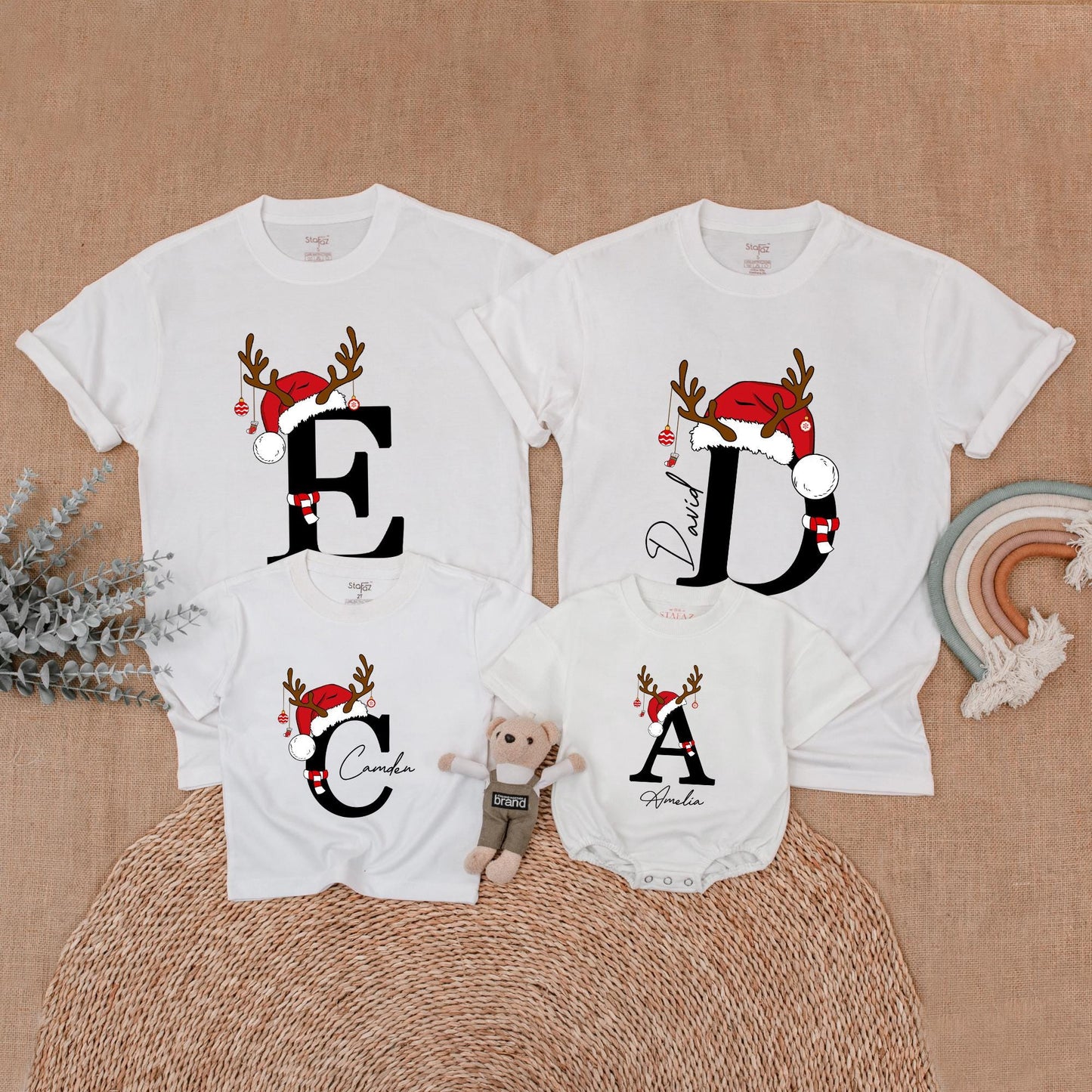 Custom Matching Family Christmas Shirts with Santa Hat Antler Initial & Name Festive Holiday Outfits Baby Toddler Kids Adults