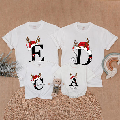 Custom Matching Family Christmas Shirts with Santa Hat Antler Initial & Name Festive Holiday Outfits Baby Toddler Kids Adults