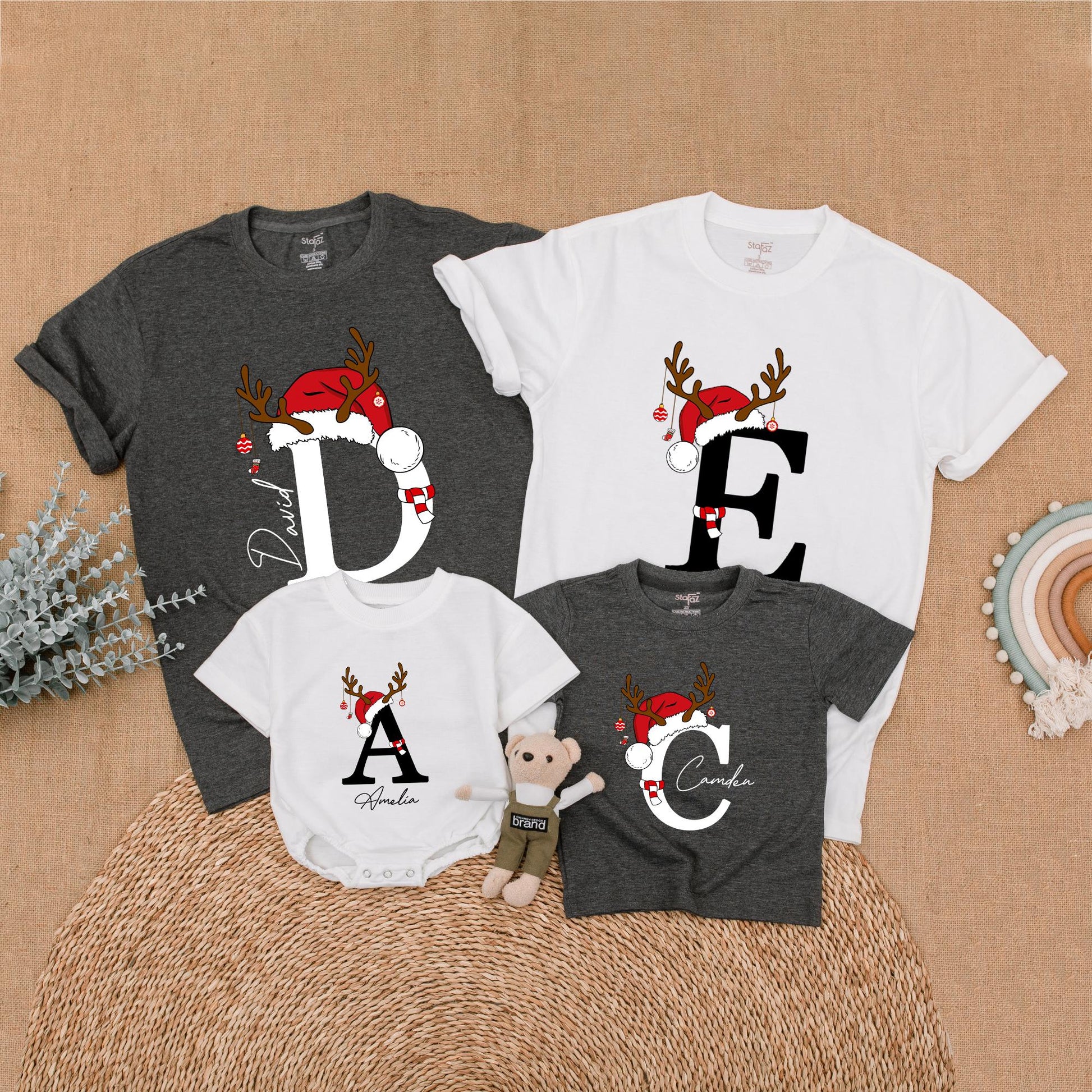 Custom Matching Family Christmas Shirts with Santa Hat Antler Initial & Name Festive Holiday Outfits Baby Toddler Kids Adults
