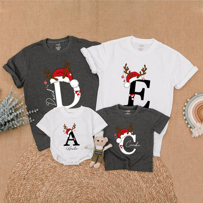 Custom Matching Family Christmas Shirts with Santa Hat Antler Initial & Name Festive Holiday Outfits Baby Toddler Kids Adults