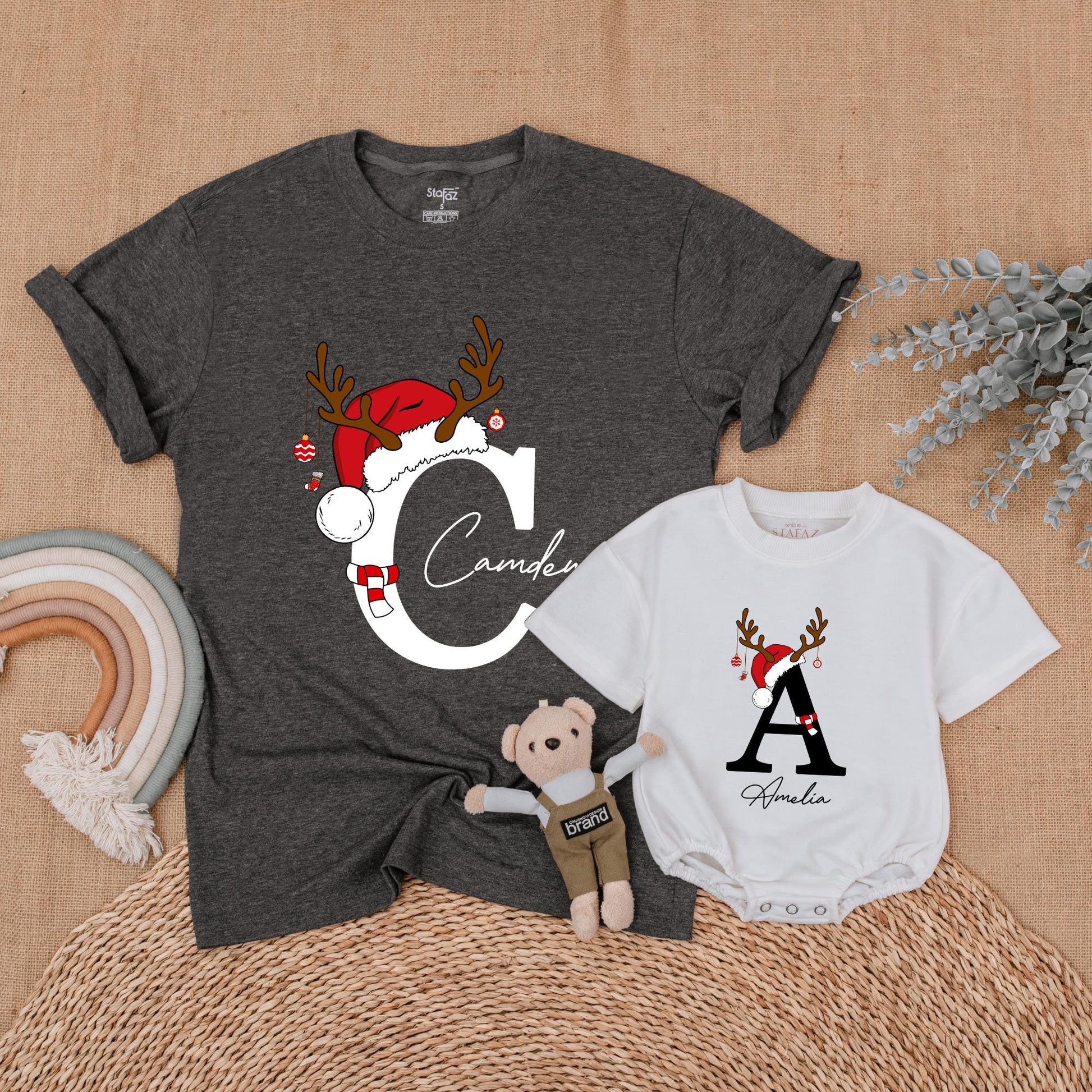 Custom Matching Family Christmas Shirts with Santa Hat Antler Initial & Name Festive Holiday Outfits Baby Toddler Kids Adults