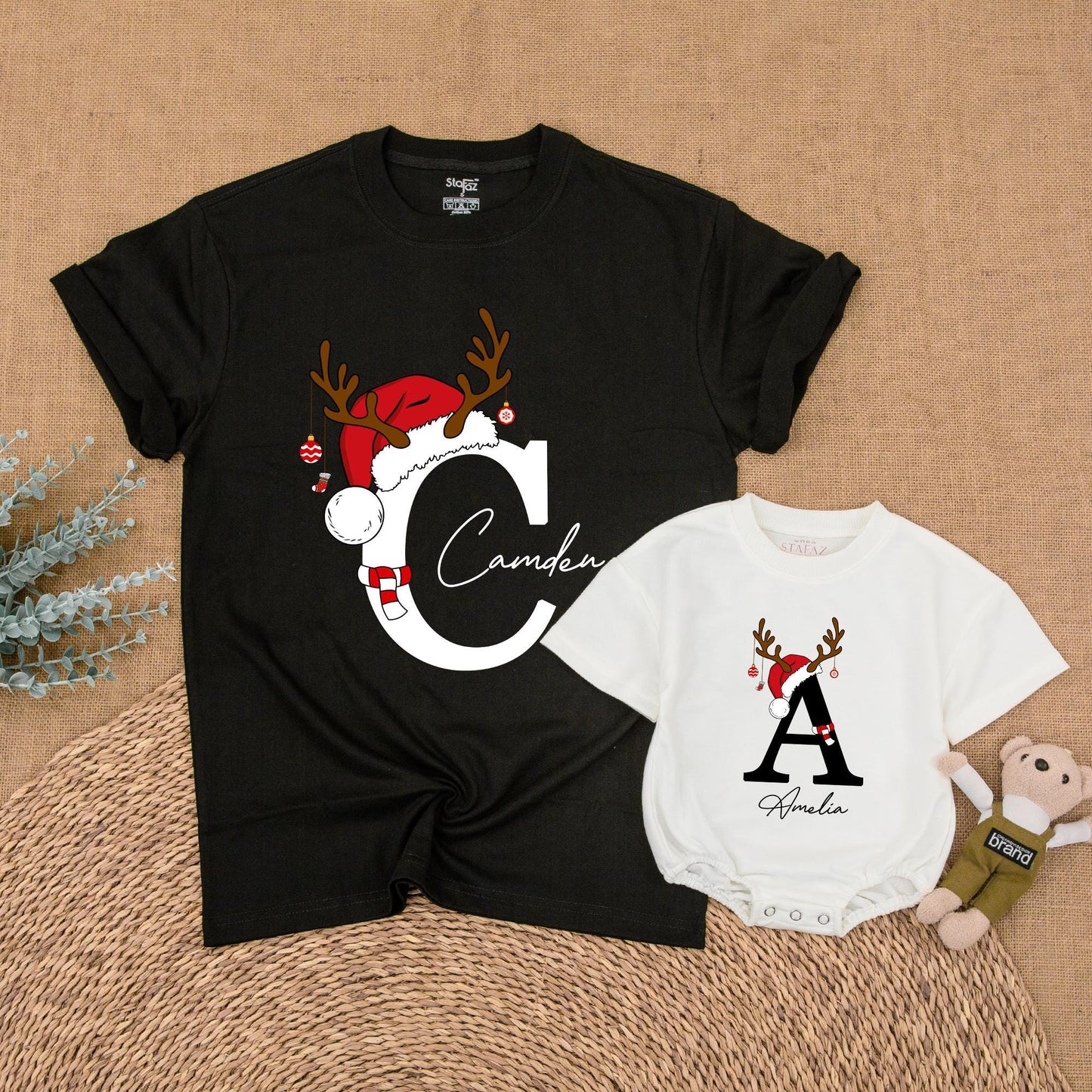 Custom Matching Family Christmas Shirts with Santa Hat Antler Initial & Name Festive Holiday Outfits Baby Toddler Kids Adults