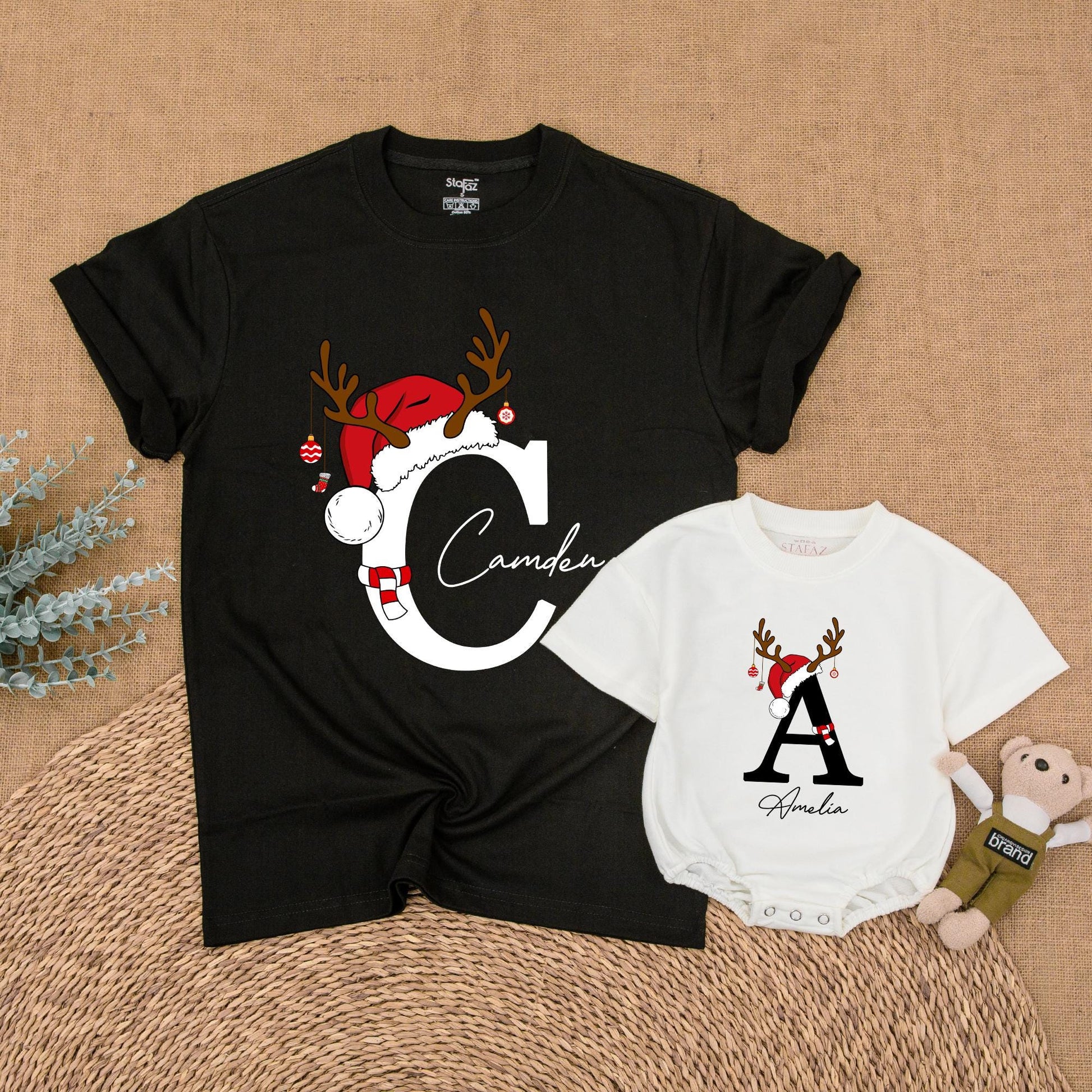 Custom Matching Family Christmas Shirts with Santa Hat Antler Initial & Name Festive Holiday Outfits Baby Toddler Kids Adults