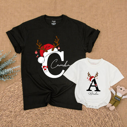 Custom Matching Family Christmas Shirts with Santa Hat Antler Initial & Name Festive Holiday Outfits Baby Toddler Kids Adults