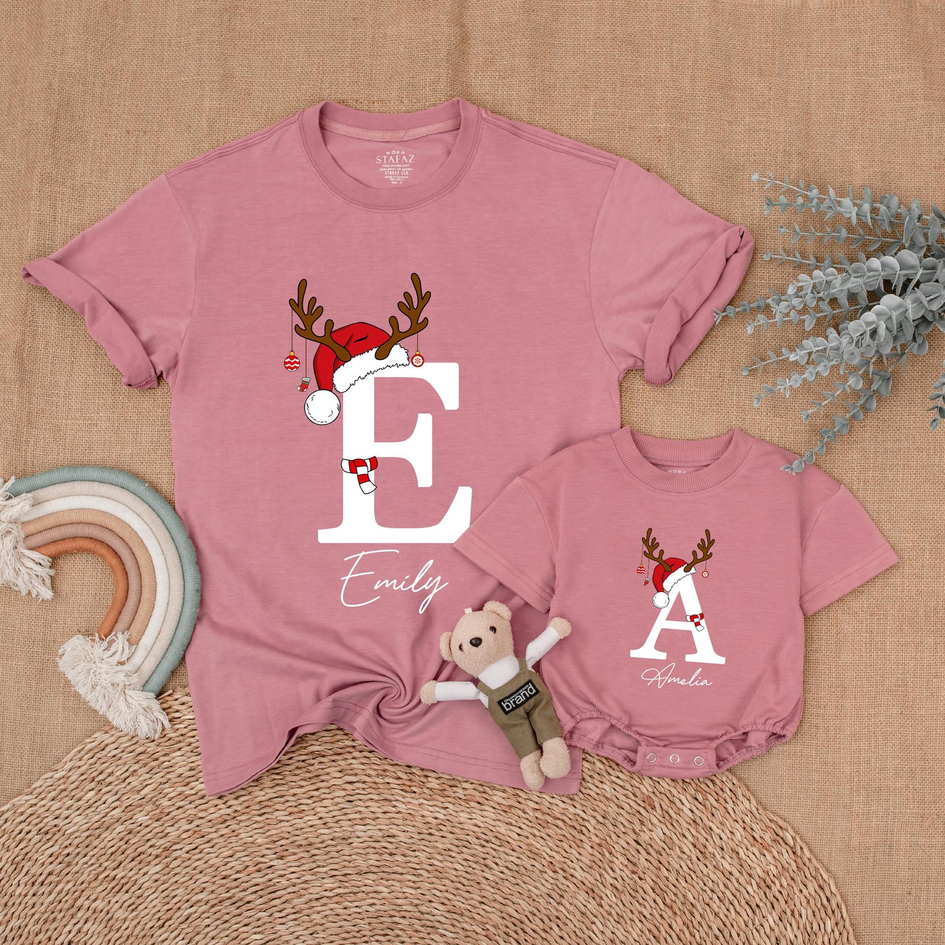 Custom Matching Family Christmas Shirts with Santa Hat Antler Initial & Name Festive Holiday Outfits Baby Toddler Kids Adults