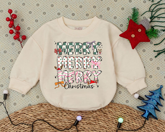 Merry Christmas Baby Romper with Playful Pink Checkerboard Reindeer First Holiday Outfit for Toddler Girl Soft Cozy Vintage Infant Gift