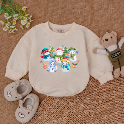 Whimsical Christmas Snowman Baby Bubble Romper Adorable Winter Holiday Infant Bodysuit Outfit Festive Cartoon Snowmen Graphics