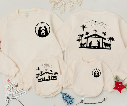 Oh Holy Night Nativity Silhouette Sweatshirt Christian Christmas Jesus Baby Manger Starry Sky Minimalist Religious Holiday Gift