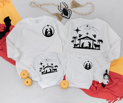 Oh Holy Night Nativity Silhouette Sweatshirt Christian Christmas Jesus Baby Manger Starry Sky Minimalist Religious Holiday Gift