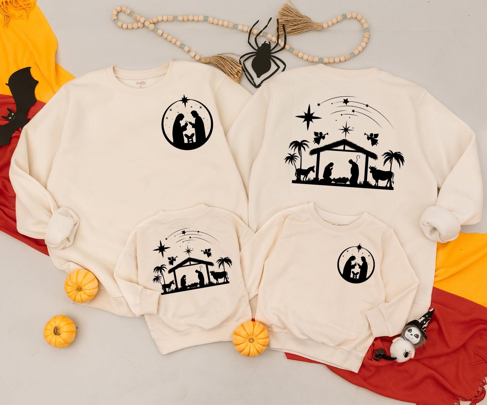 Oh Holy Night Nativity Silhouette Sweatshirt Christian Christmas Jesus Baby Manger Starry Sky Minimalist Religious Holiday Gift