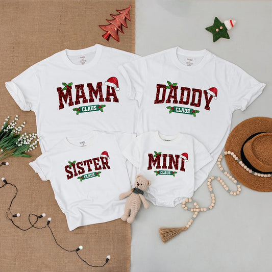Matching Family Claus Christmas Shirts, Mama Daddy Sister Mini Outfits, Sparkly Red Holiday Tees, Santa Hats, Cute Newborn Baby Clothes Gift (139 chars)