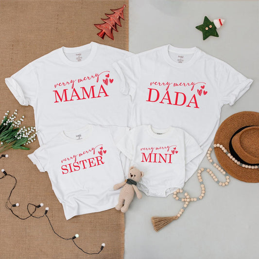 Very Merry Christmas Matching Family Shirts, Mama Mini Claus Outfit, Red Heart Holiday Tees, Baby Bodysuit, Newborn Gift Set, Festive Xmas Apparel (139 chars)