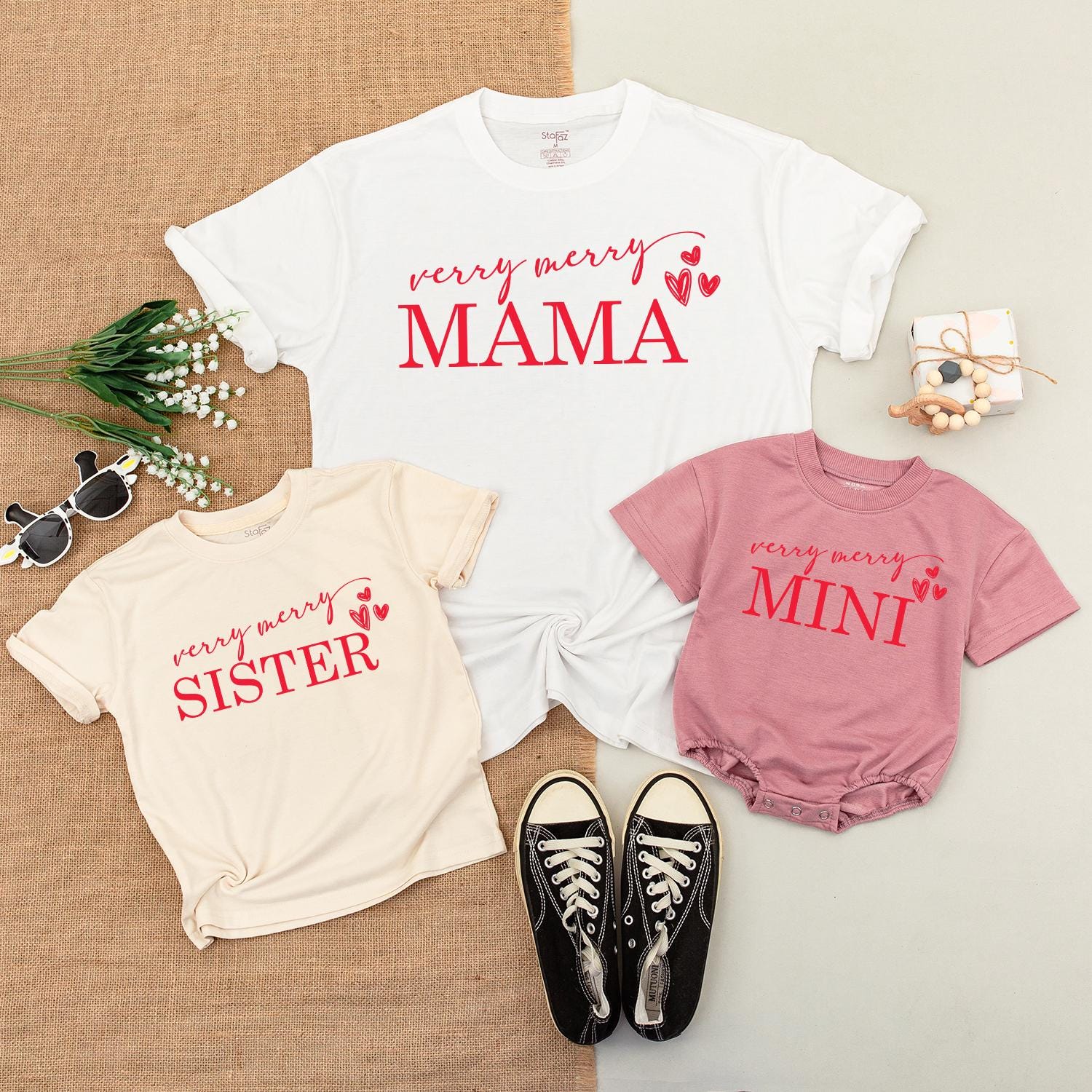 Very Merry Christmas Matching Family Shirts, Mama Mini Claus Outfit, Red Heart Holiday Tees, Baby Bodysuit, Newborn Gift Set, Festive Xmas Apparel (139 chars)
