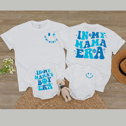 In My Mama's Boy Era Romper Retro Newborn Bodysuit with Blue Floral Lettering Playful Infant Clothes Baby Shower Gift Matching Family Outfit Announcement 139